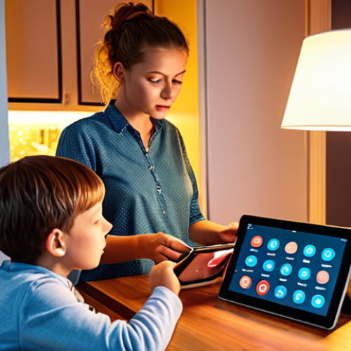 Home 14 **Prompt:** A cozy, modern Polish home interior. A family is gathered around a table, looking at a tablet displaying security settings for smart devices (lights, thermostat, camera). The router is visible in the background with a glowing firewall icon. The scene emphasizes education and awareness of IoT security.