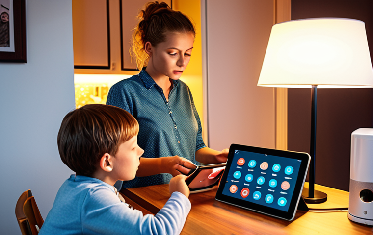 **Prompt:** A cozy, modern Polish home interior. A family is gathered around a table, looking at a tablet displaying security settings for smart devices (lights, thermostat, camera). The router is visible in the background with a glowing firewall icon. The scene emphasizes education and awareness of IoT security.