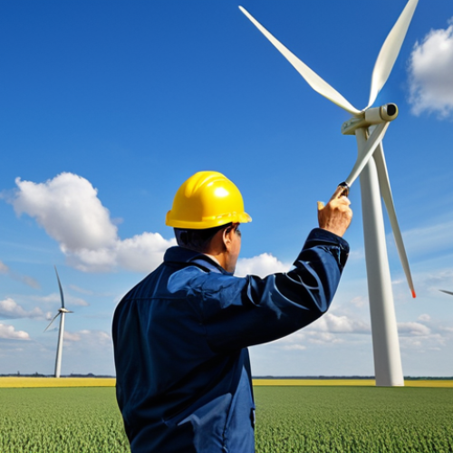 Home 7 **
"A professional engineer in a fully clothed, appropriate attire, inspecting a wind turbine in a vast, open field. The sky is clear with a few scattered clouds. Capture the scale of the turbine and the engineer's focused expression. Perfect anatomy, correct proportions, natural pose, well-formed hands, proper finger count, natural body proportions, safe for work, appropriate content, fully clothed, professional photography, high quality."
**