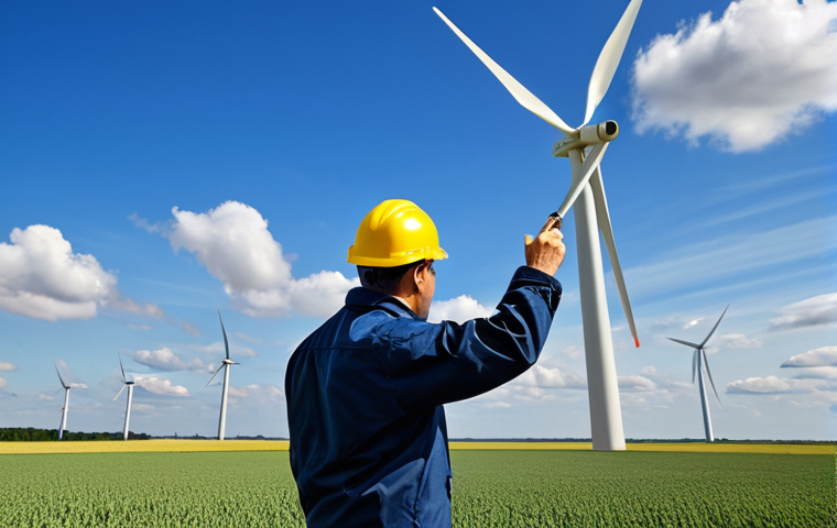 **
"A professional engineer in a fully clothed, appropriate attire, inspecting a wind turbine in a vast, open field. The sky is clear with a few scattered clouds. Capture the scale of the turbine and the engineer's focused expression. Perfect anatomy, correct proportions, natural pose, well-formed hands, proper finger count, natural body proportions, safe for work, appropriate content, fully clothed, professional photography, high quality."
**