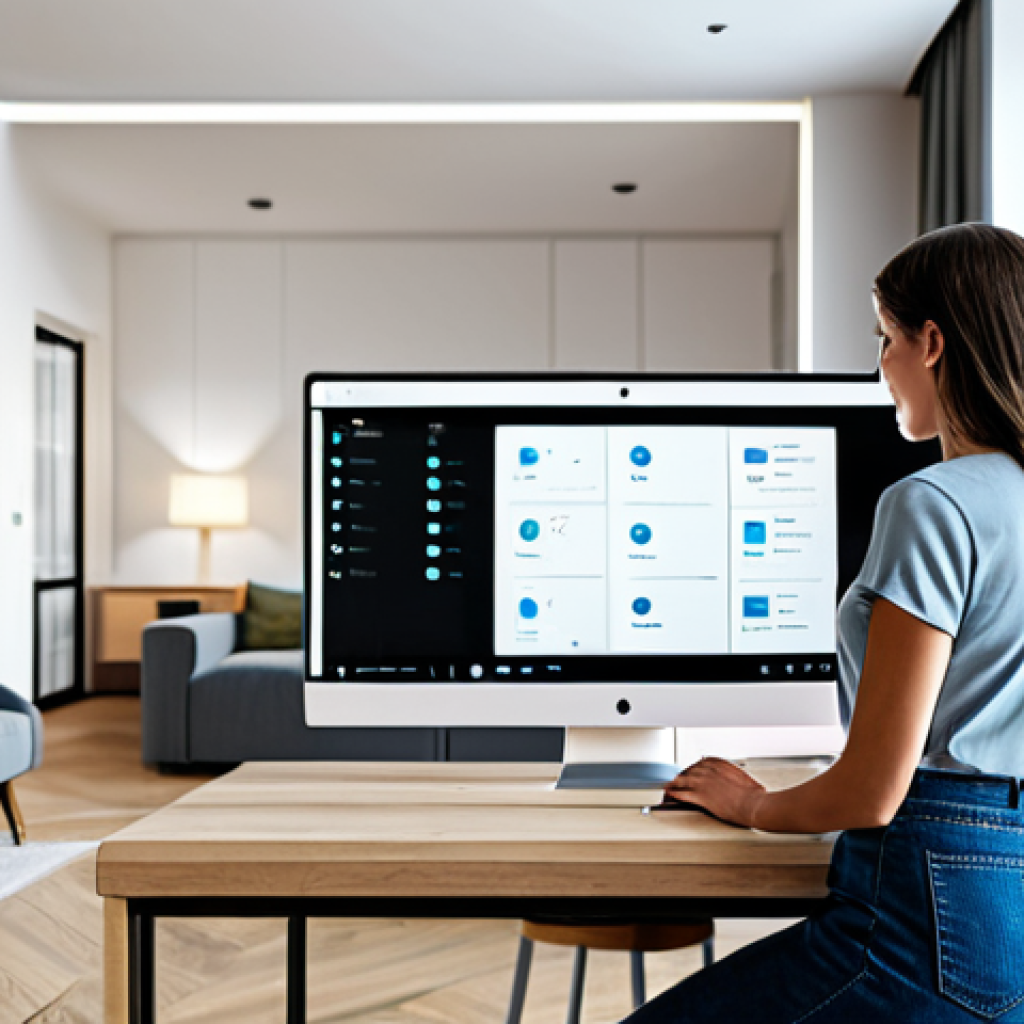 Securing a Smart Home**
"A modern apartment interior, showing a woman in casual, modest clothing using a laptop. In the background, glimpses of smart home devices like a smart thermostat and a security camera. The scene emphasizes security and safety. The atmosphere is bright and reassuring. Focus on secure technology. Safe for work, appropriate content, fully clothed, professional, perfect anatomy, correct proportions, natural pose, well-formed hands, proper finger count, natural body proportions."
**