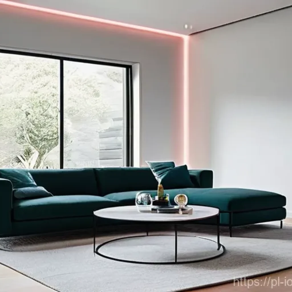 IoT 보안 프레임워크와 사용자 프라이버시 - **Prompt:** A sleek, modern smart home living room, bathed in soft ambient light. Visible smart devi...