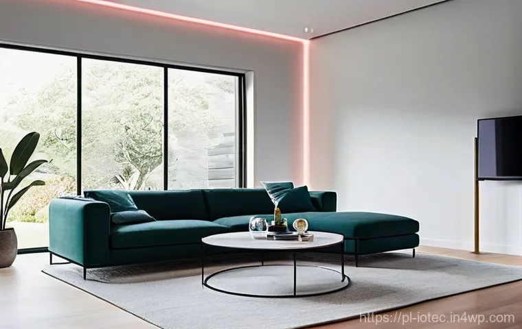 IoT 보안 프레임워크와 사용자 프라이버시 - **Prompt:** A sleek, modern smart home living room, bathed in soft ambient light. Visible smart devi...