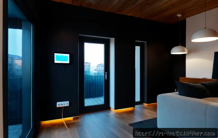Home 17 IoT 보안 프레임워크의 혁신적 접근법 - Photorealistic modern Warsaw smart apartment, a Polish homeowner using a tablet with abstract non-te...